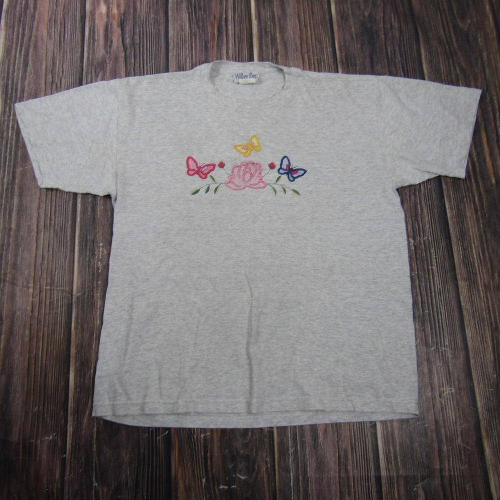 Willow Bay Butterfly Floral Embroidered Shirt Mens L Gray Short Sleeve Tee